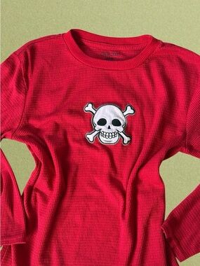 Cherokee Red Long-Sleeve Waffle Knit Tee with Skull Patch